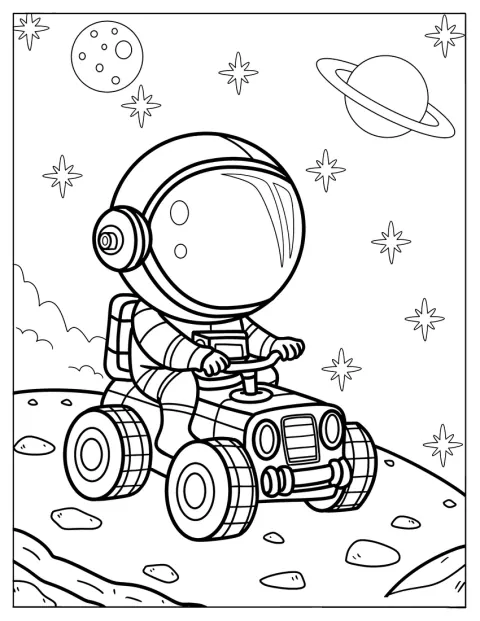 ちびキャラの宇宙飛行士が、星や惑星の見える岩場で探査車を運転しています。