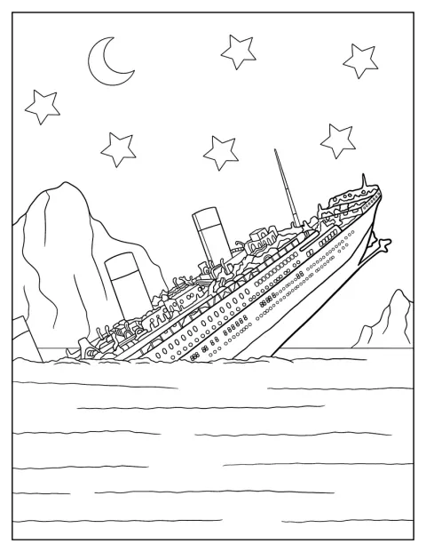 Le Titanic coule en mer, avec des icebergs visibles à l’arrière-plan.