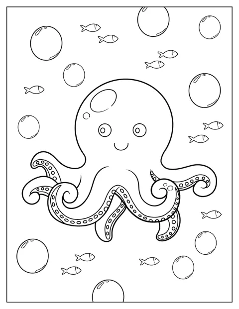 Een schattige chibi-octopus zwemt tussen vissen.
