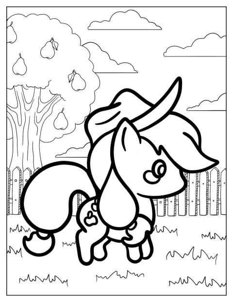 Den lille Chibi-Applejack står blant epletrær i en eplehage.