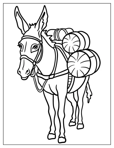 Simple Donkey Coloring Page Carrying Heavy Loads on Its Back for Kids