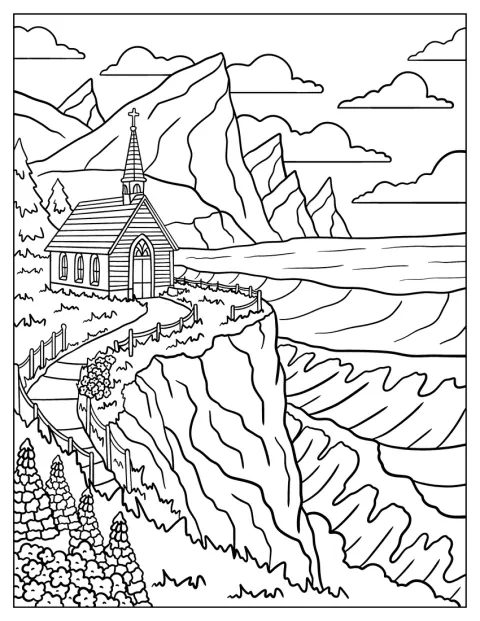 Auf einer Klippe steht eine Kirche mit Blick auf Berge und Meer.
