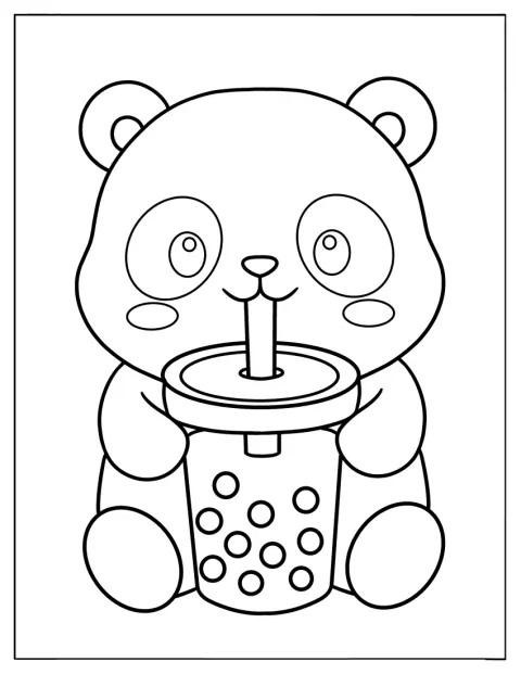 Malá panda sedí a popíjí bubble tea brčkem.