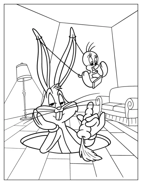 Piolín se balancea en un columpio sujeto a las orejas de Bugs Bunny.
