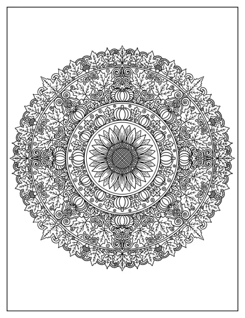 En solsikke og et gresskar danner midtpunktet i en Halloween-mandala.