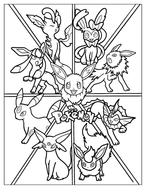Eevee poseeraa kaikkien evoluutioidensa ympäröimänä.