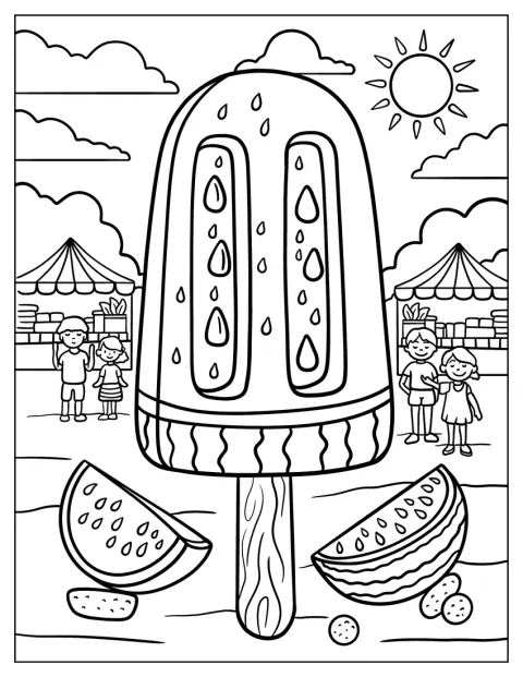 En jättestor vattenmelonglasspinne står på en solig sommarmarknad.