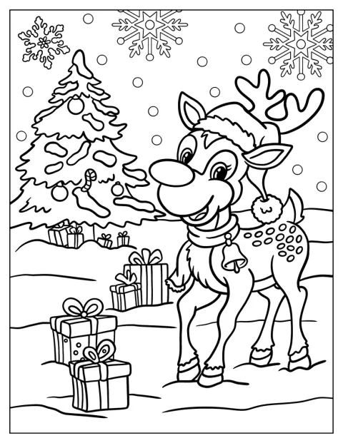 Rudolph, coiffé d’un bonnet de Père Noël, avance dans un paysage enneigé.