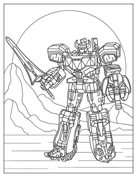 Ein detailreicher Megazord der Power Rangers steht im Bild.