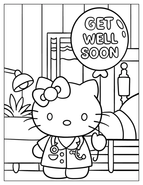 Hello Kitty vestida de médica segura um balão com votos de melhoras.