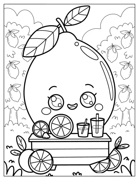 Un limón simpático atiende un puesto de limonada.