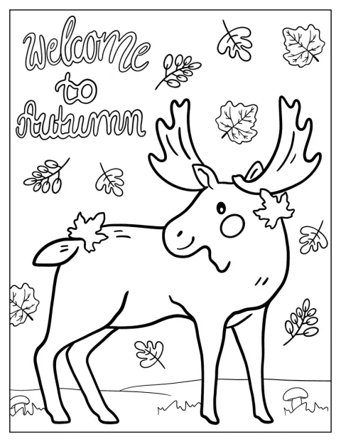 Über einem Elch stehen die Worte „Willkommen, Herbst“.