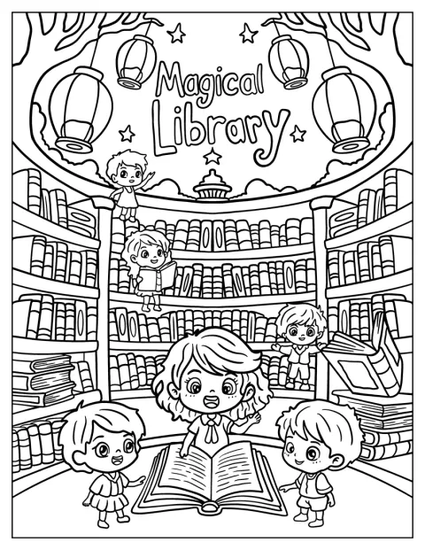 Des enfants observent des livres flottants et des lanternes lumineuses dans une bibliothèque magique.