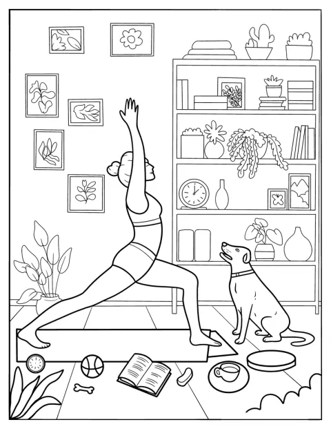 Una mujer practica yoga en el salón mientras su perro la acompaña.