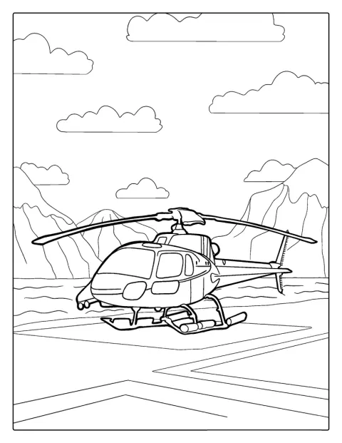 En helikopter står ved foden af nogle bjerge.