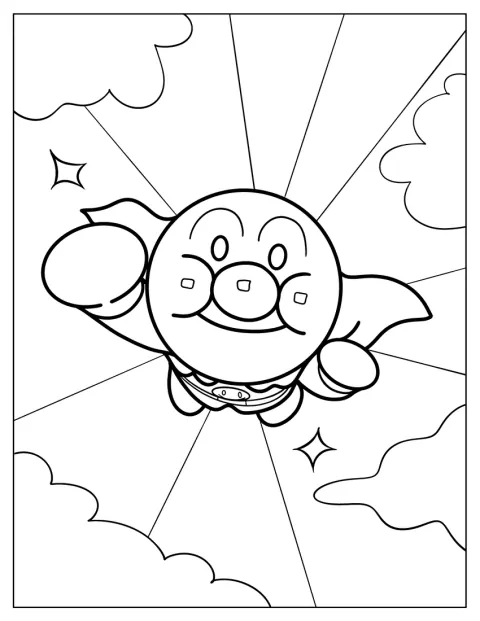 Anpanman svever blant myke skyer med et søtt smil.