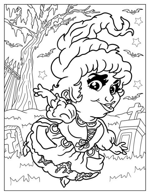 Mary Sanderson steht in niedlicher Kawaii-Optik auf einem Friedhof.