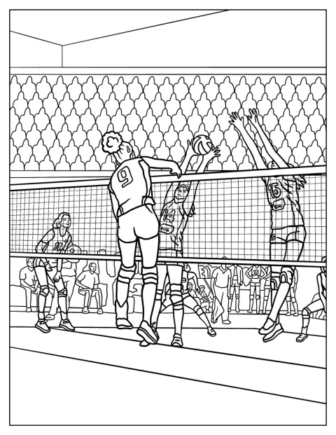 Spillere hopper efter bolden under en olympisk volleyballkamp.