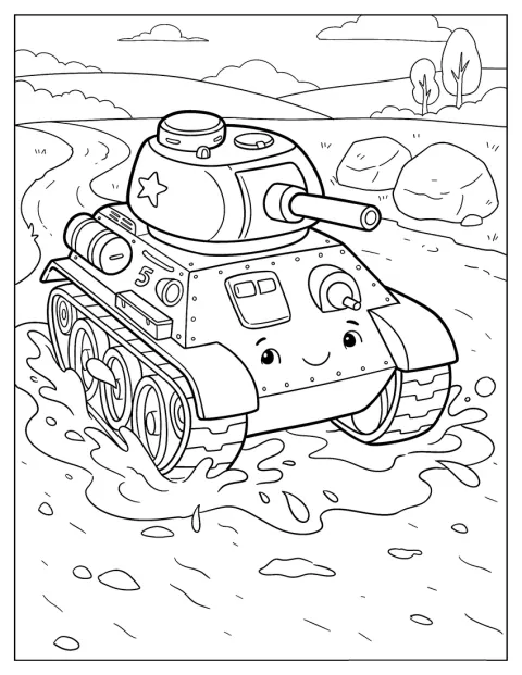 Un char de dessin animé avance sur une route couverte de boue.