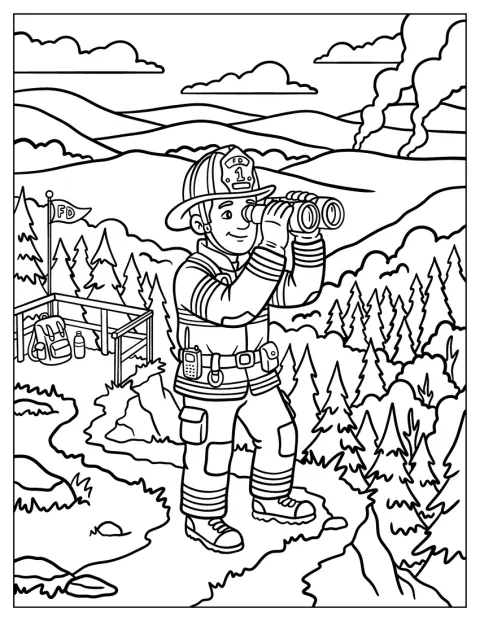 Firefighter Looking for Forest Fire with Binoculars Coloring Page