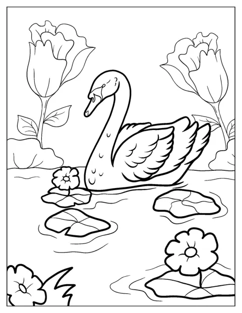 Un cigno elegante galleggia nello stagno, circondato da grandi fiori.