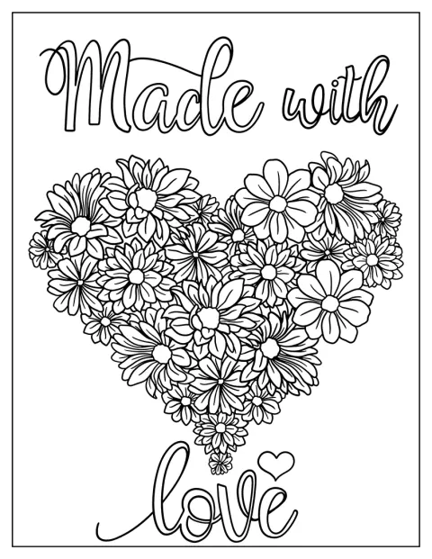 Flores rodeiam um coração acompanhado por palavras em letra cursiva.