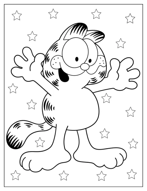 Mały Garfield w stylu kawaii siedzi z uśmiechem.