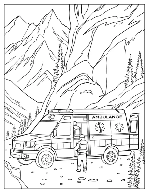 Un ambulancier conduit une ambulance de secours sur un terrain montagneux accidenté.
