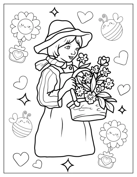 女の子が春の花を集めたかごを抱えています。