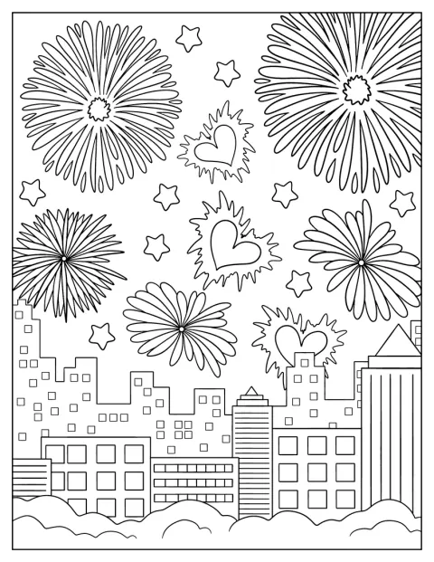 Des feux d’artifice éclatent au-dessus des bâtiments de la ville pour le Nouvel An.