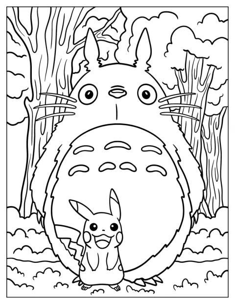 Pikachu stă în picioare lângă Totoro, printre copacii pădurii.