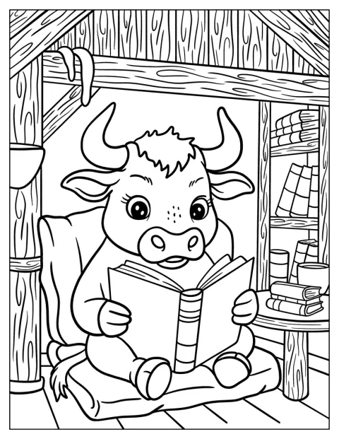 Nerdy Bull Coloring Page Reading a Book in a Cozy Corner for Kids