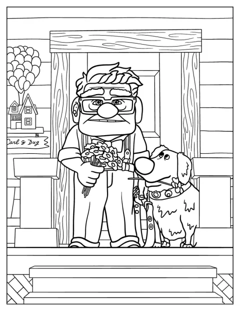 Carl e Dug seguram flores na varanda da frente.