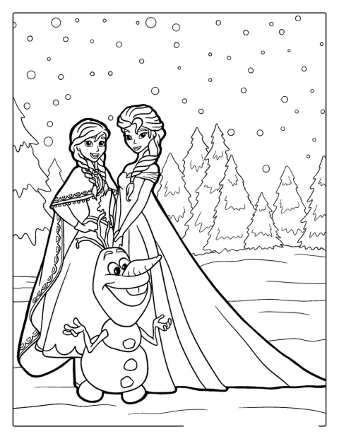 Olaf posa junto a Anna y Elsa.