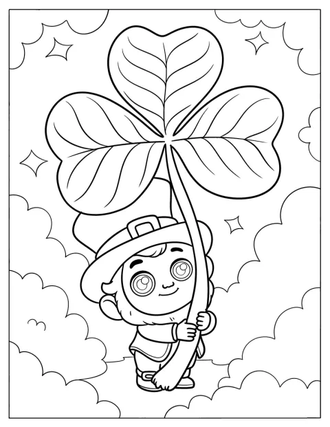 Dans les nuages, un leprechaun souriant tient un trèfle géant.