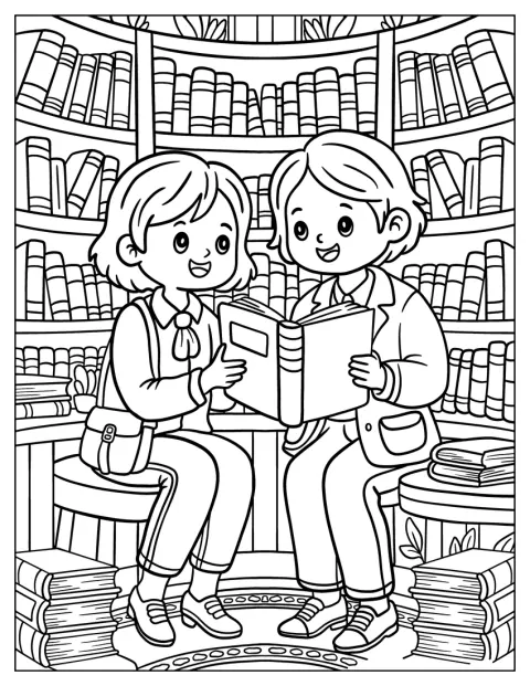 曲線の本棚や積み重ねた本に囲まれ、子どもたちが仲良く読書をしています。