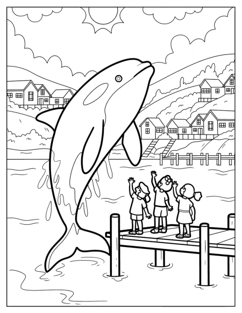 Kinder auf einem Pier winken einem springenden Orca nahe einer Küstenstadt zu.