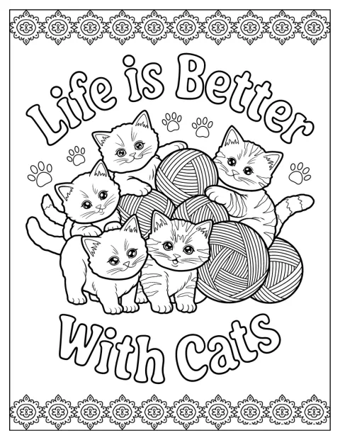 Mai multe pisicuțe se joacă cu gheme de lână, alături de mesajul „Viața e mai frumoasă cu pisici”.