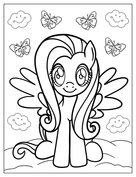 Fluttershy aparece dibujada con un contorno sencillo.