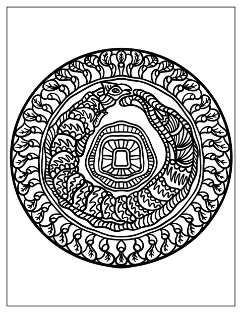 Una serpiente se muerde la cola dentro de un círculo decorado con zentangle.