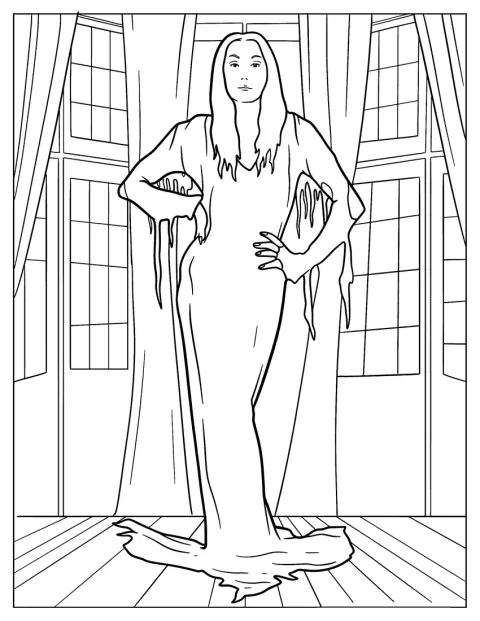 Morticia Addams står elegant med sit lange, mørke hår.