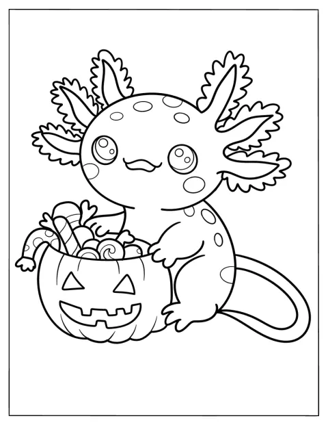 En nuttet axolotl krammer et udskåret halloween-græskar.