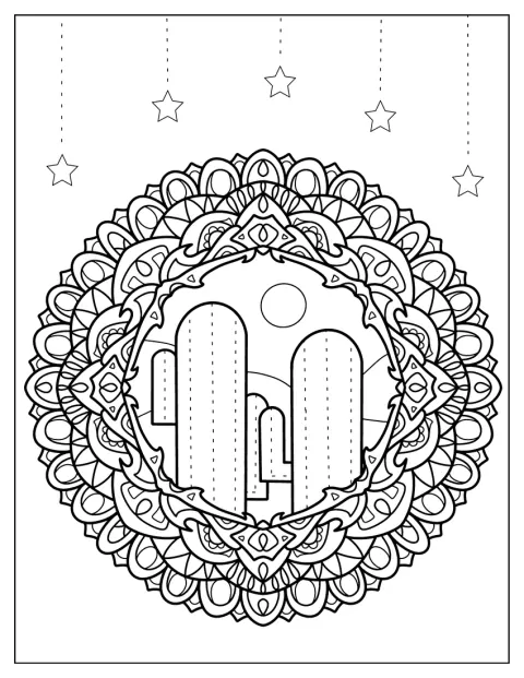 Een cactus vormt het middelpunt van een mandala met eenvoudige patronen.