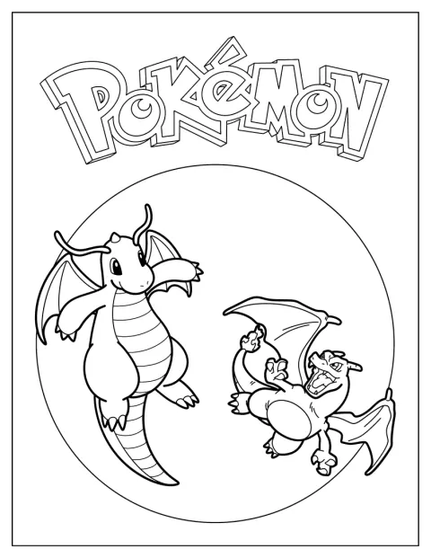Dragonite en Charizard staan samen op een Pokémonposter.