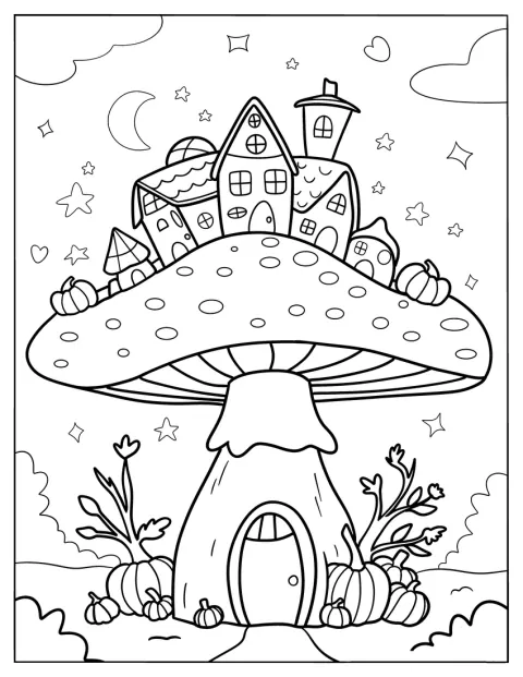 De minuscules maisons et des citrouilles décorent le toit d’une maison champignon.
