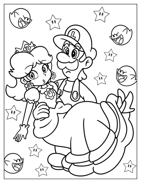 Luigi trasporta la principessa Daisy tra le braccia.