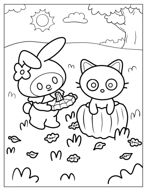 Inuti en stor pumpa leker My Melody med Chococat.