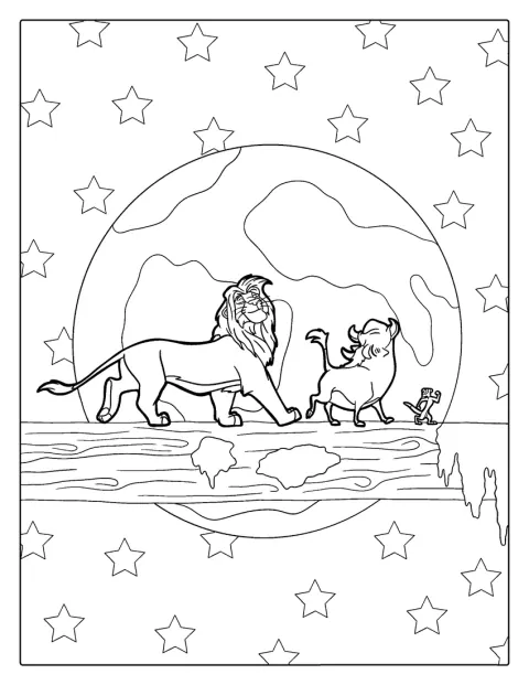 Timon, Pumbaa ja Simba kulkevat peräkkäin tukilla.