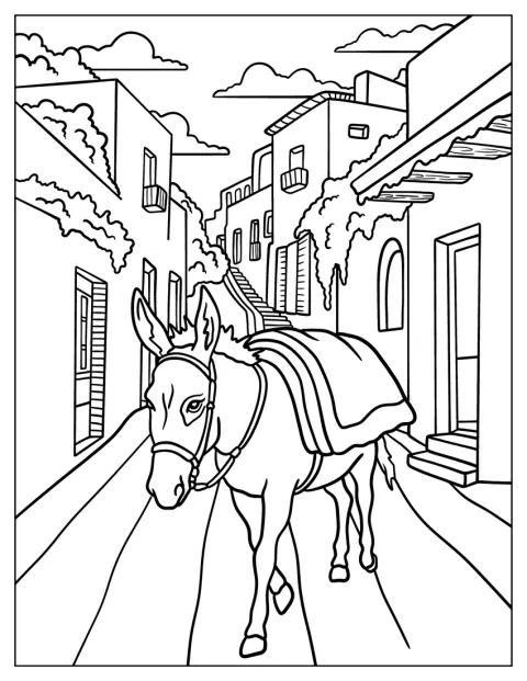 Un burro lleva su carga por las calles empedradas de un pueblo.