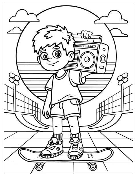 Un ragazzo sui pattini ascolta musica con un ghettoblaster al parco.
